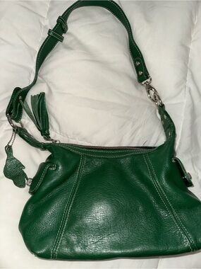 Roots Green Leather Shoulder Bag with Tassel Charm